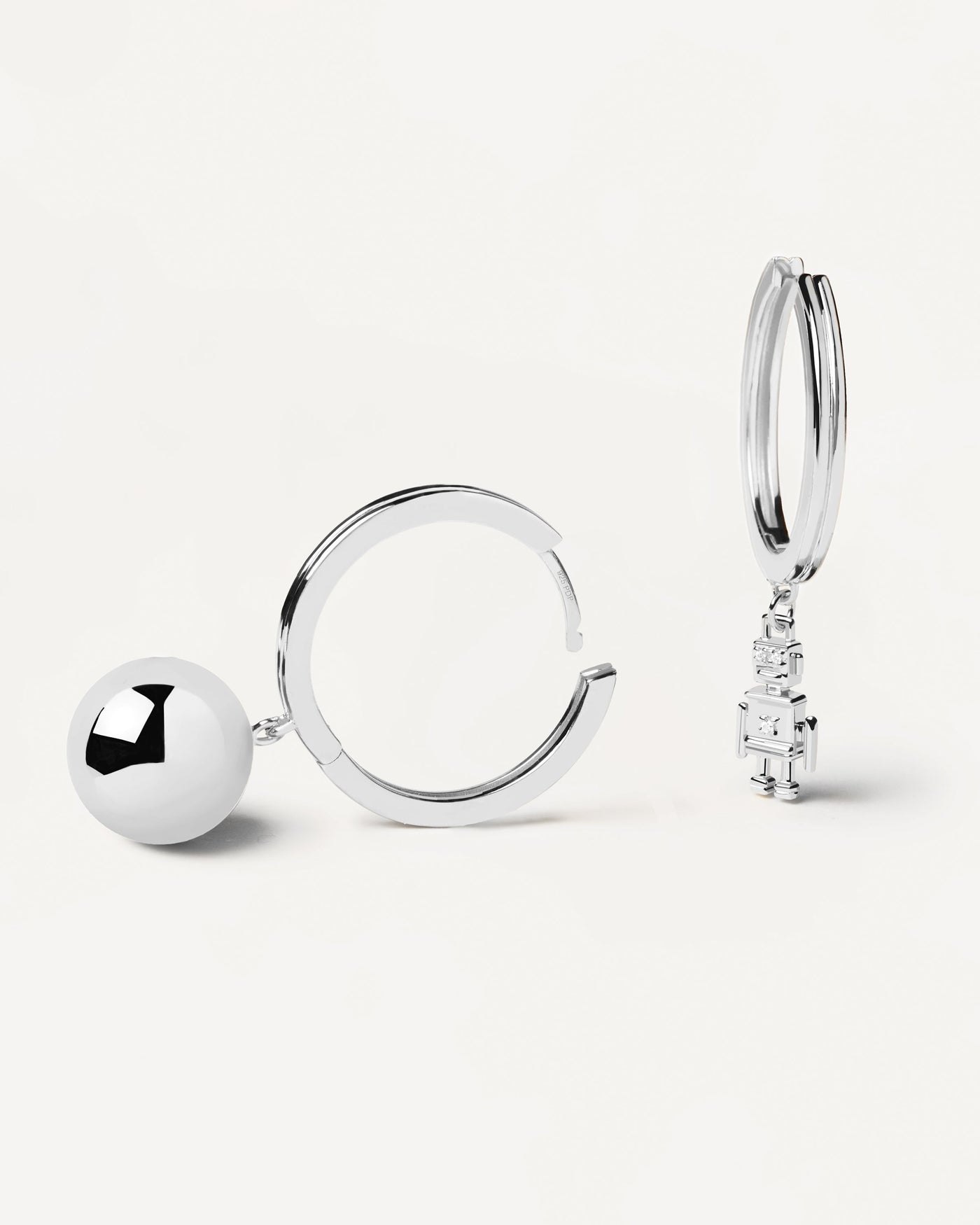 925 silver hoops with asymetric design: ball vs robot design