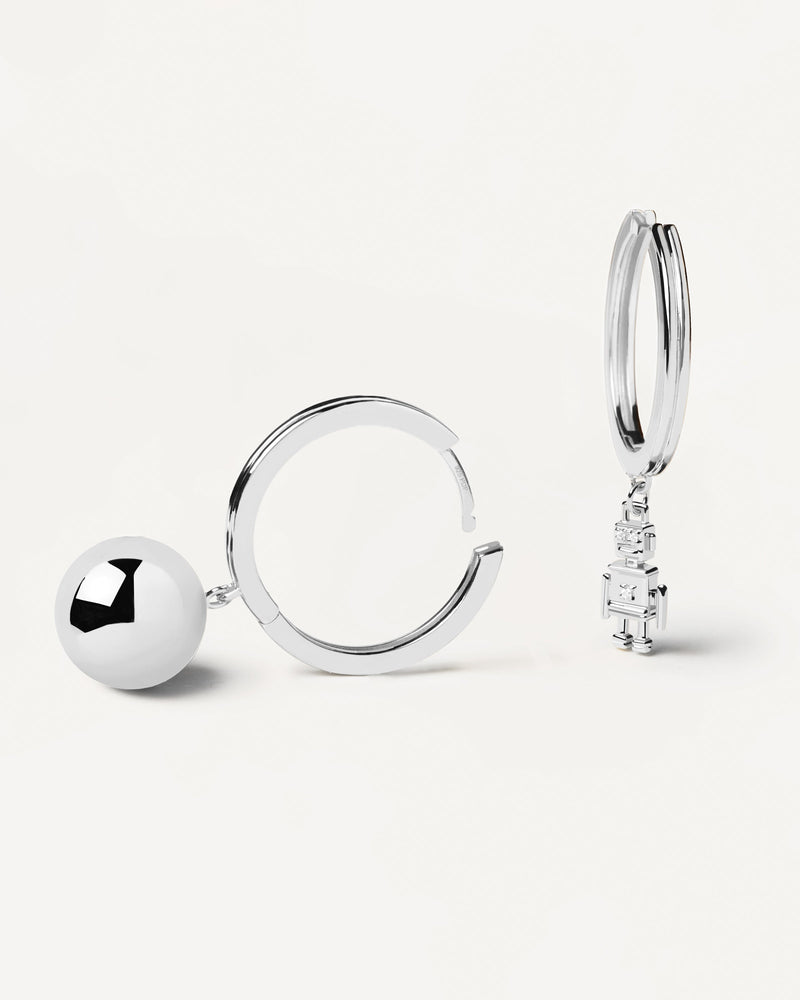 925 silver hoops with asymetric design: ball vs robot design