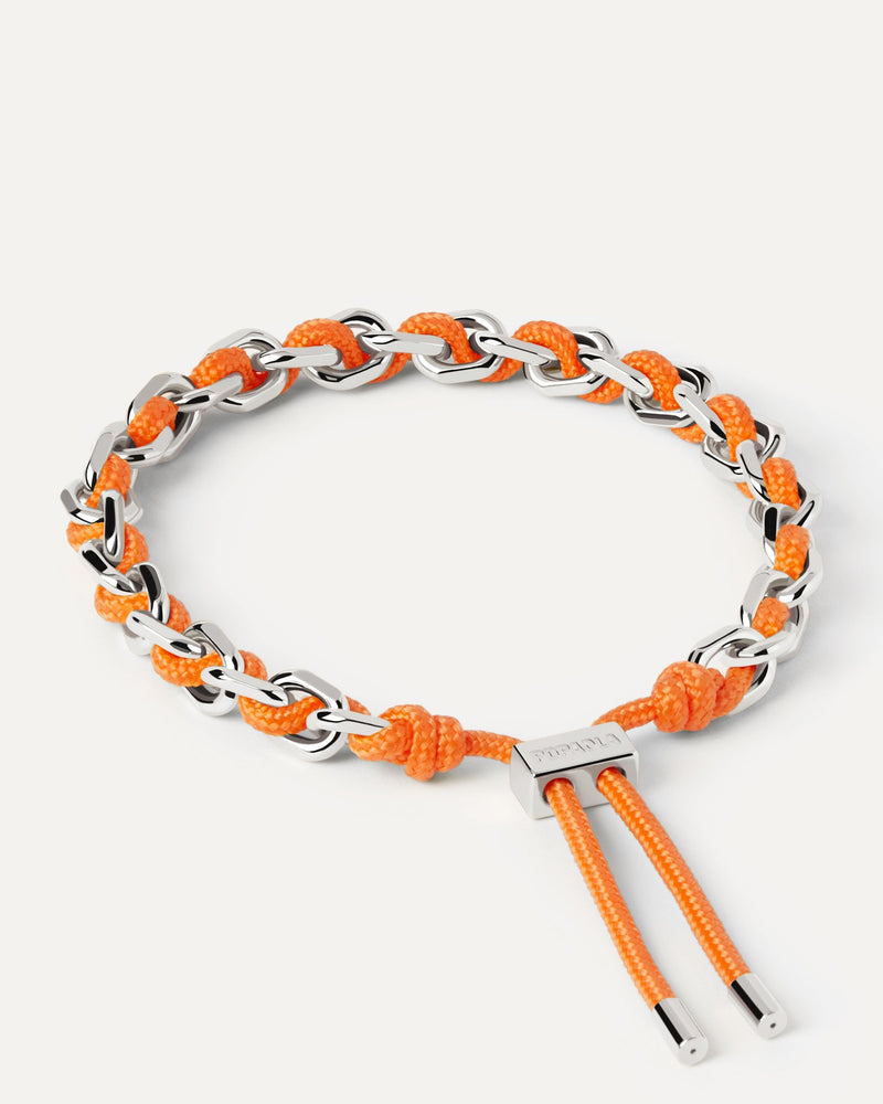 Silver chain bracelet with interwined orange rope and adjustable sliding clasp