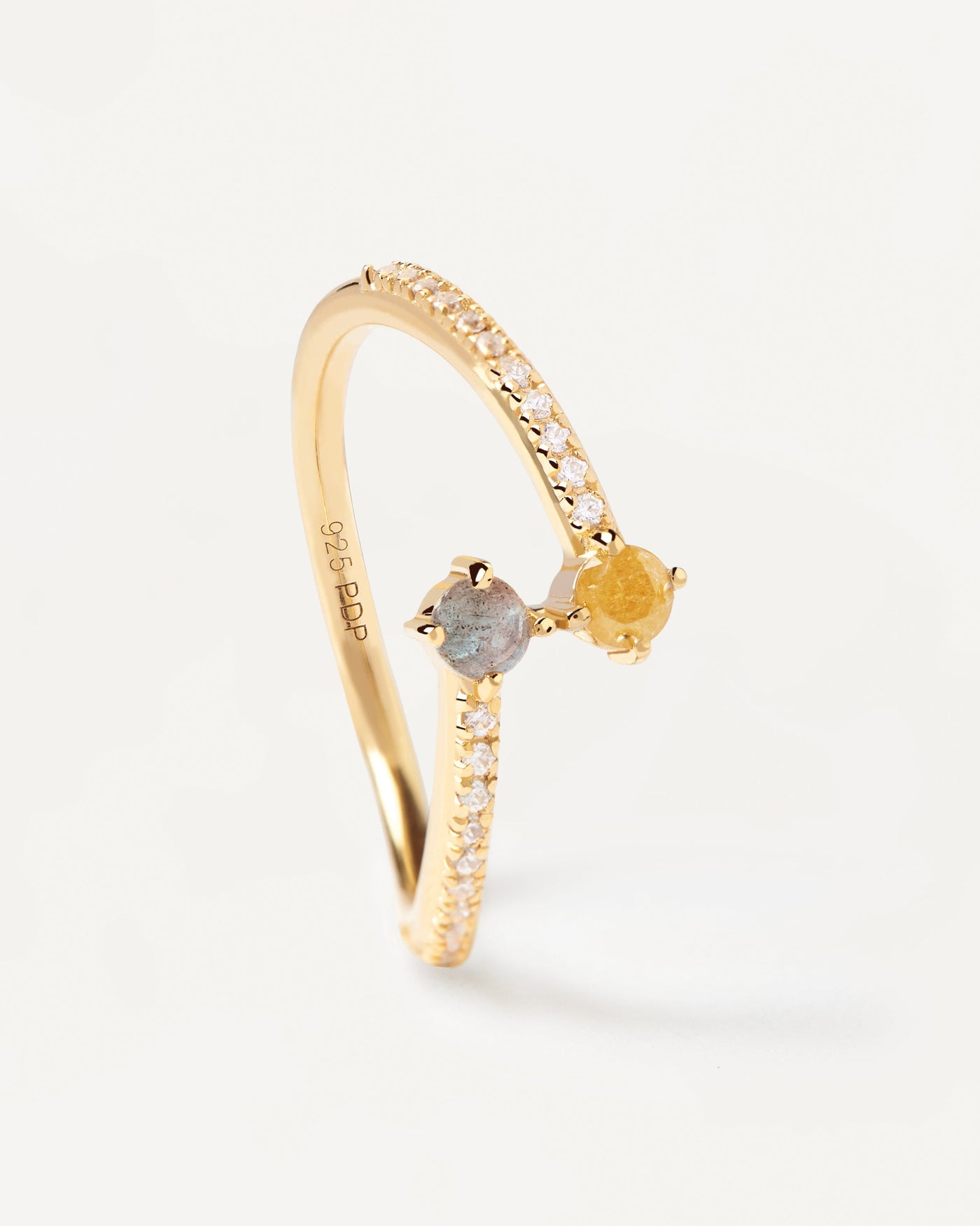 Gold-plated you-and-me ring with gemstones