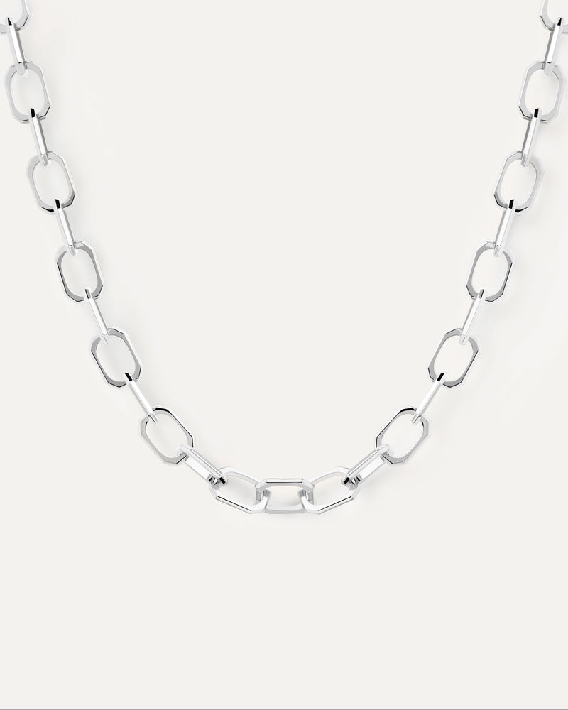 Cable chain necklace with octogonal links in silver rhodium plating